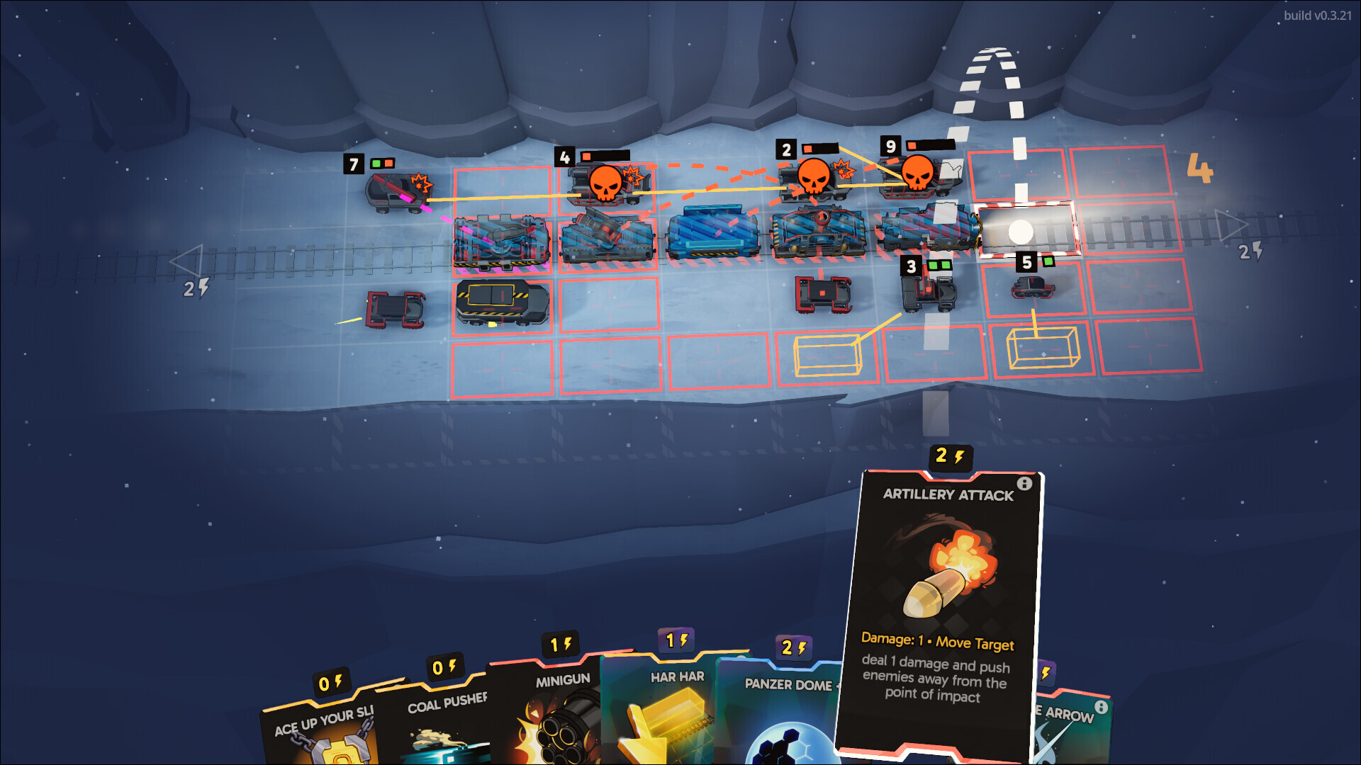 Fogpiercer tactical train battle with cards and a grid-based battlefield