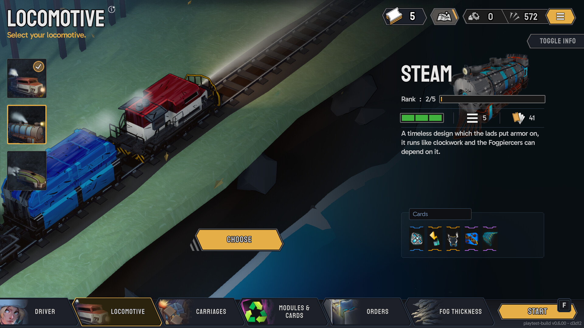 Fogpiercer locomotive selection showing how a train setup contributes cards